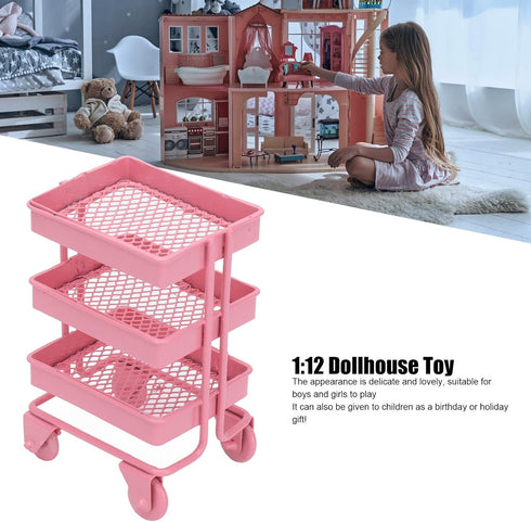 1:12 Miniature Dollhouse Handcart Mini Shopping Cart 3 Layers Storage Display Shelf with Wheels Kitchen Furniture Decoration(Pink)...