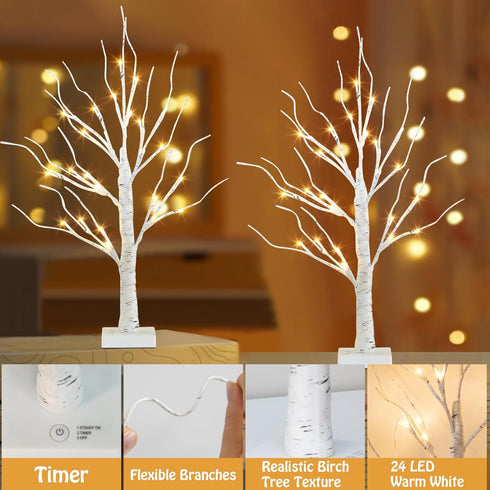 EAMBRITE Lighted Birch Tree Spring Decorations for Home, Christmas Decorations Indoor, 2Pack 24 LED Battery Operated/USB Tabletop Mini Small Artif...
