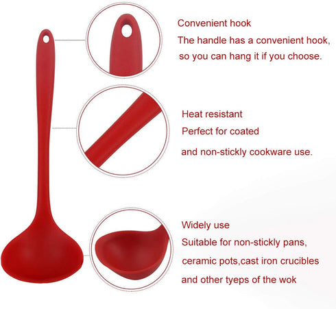 Silicone Ladle Soup Spoon Set of 2, Nonstick Heat Resistant Long Handle Unbreakable Big Round Scoop for Home Kitchen Cooking,Red and Black...