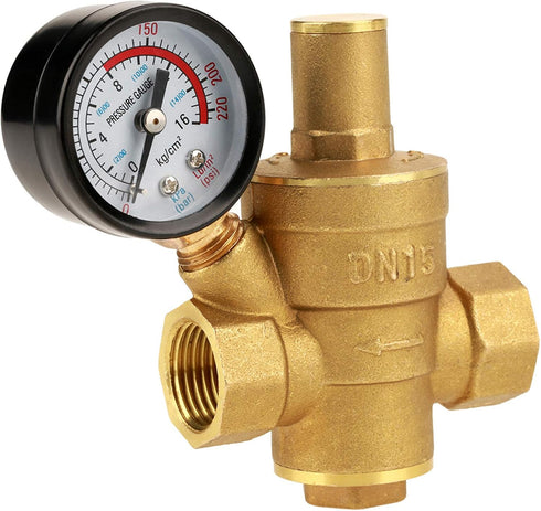 DN15 Brass Adjustable Water Pressure Regulator Reducer with Gauge Meter Combo for RV RV Plumbing and Hoses from High Pressure City Water...