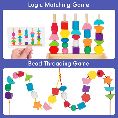Montessori Wooden Lacing Beads Toys for 2 3 4 Year Old Toddler Kids, Sequencing & Stacking Block Toy with Storage Box, STEM Preschool Learning Toy...