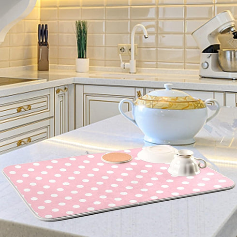 Pink White Polka Dot Dish Drying Mat for Kitchen Counter 18 x 24 Inch Absorbent Microfiber Valentines Dry Dishes Rack Mats Drainer Mat Dish Drying...