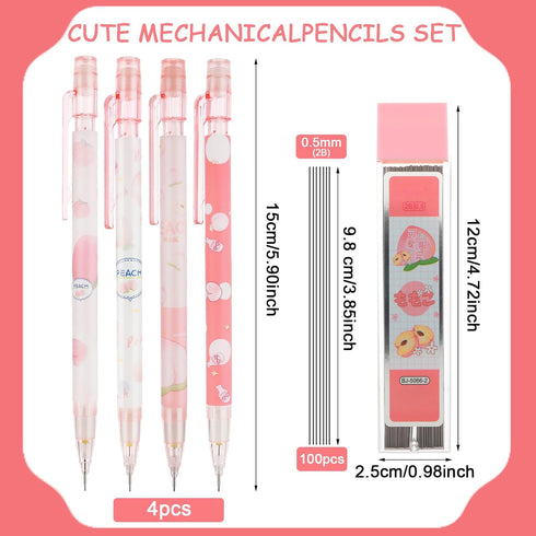 Cute Mechanical Pencil Set Include 4 Pcs 0.5mm Kawaii Mechanical and 100 Pcs Replacement Pencil Refills, Kawaii Stationary Cute School Supplies Pe...