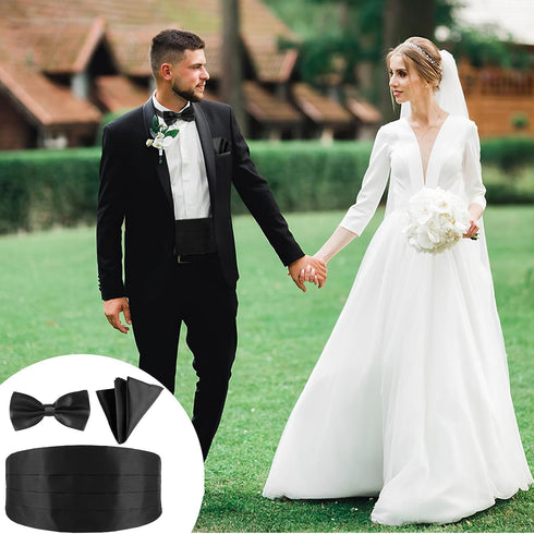 Men's Cummerbund Bow Tie Set Adjustable Solid Color Tuxedo Cummerbund and Bow Tie Pocket Squares,Black...