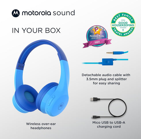 Motorola Sound JR300 Bluetooth Wireless Toddler Headphones with Microphone - Foldable Over Ear Kids Bluetooth Headphones with Safe Volume Limit 85...