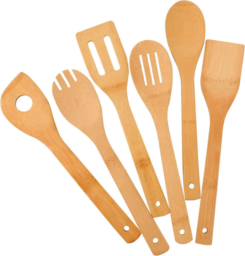 Bamboo Kitchen Utensils, 6 pcs Nonstick Spatula Tools with Handles, Heat Resistant Spatula Set, Non-stick Cooking Utensil, Premium Wooden Spoon Se...