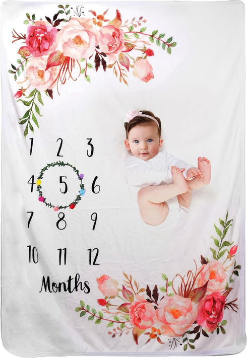 Baby Monthly Milestone Blanket for Boy Girl Soft Floral Memory Blanket Newborn Growth Chart Milestone Blanket Cute Photo Background Blanket with W...