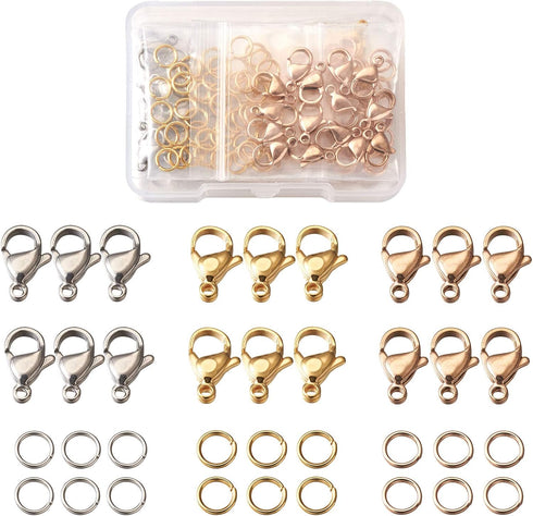 Pandahall 60Pcs Stainless Steel Lobster Claw Clasps & 180Pcs 20 Gauge Open Jump Rings for DIY Bracelet Necklace Jewelry Making (Golden & Stainless...