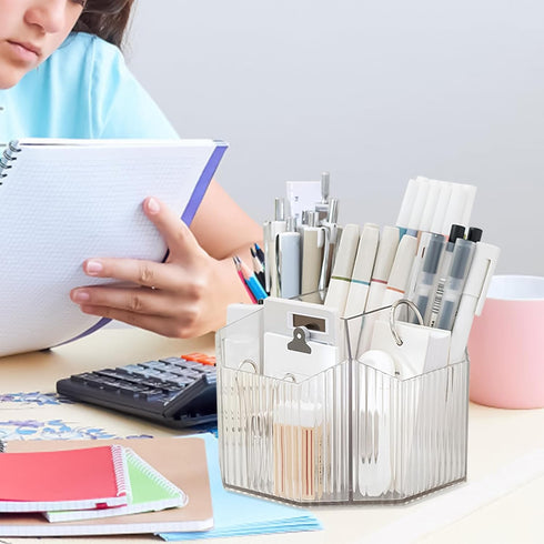 Clear Rotating Pen Holder 5 Compartments, 360 Degree Spinning Desk Organizer, Office Marker Crayon Organizer Storage, Pencil Cup Caddy for Art Sup...