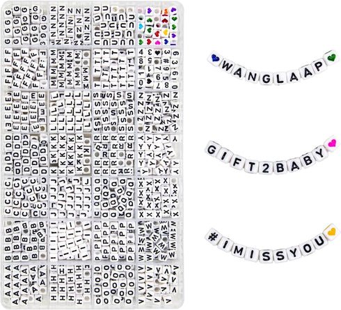 1120Pcs Square Acrylic 6x6mm Alphabet A-Z Letters Beads with Numbers Colorful Hearts Cube Beads for Phone Lanyard Bracelets Necklaces(White-1120-O...