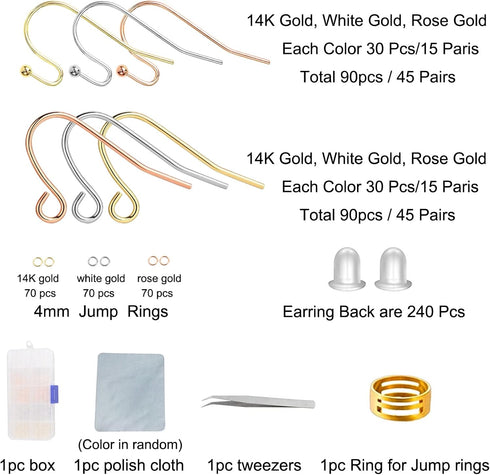 Rose Gold Earring Hooks - 630 pcs Earring Making kit with 14k Gold Hypoallergenic Earring Hooks, Jump Rings and Clear Rubber Earring Backs for DIY...