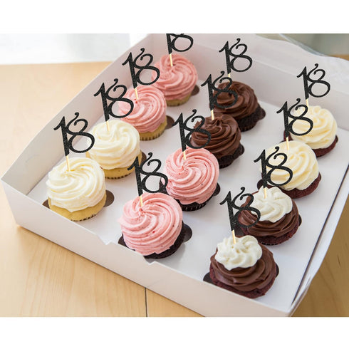 Sumerk 24PCS 18 Cupcake toppers Black Glitter 18th Birthday Cupcake Picks Anniversary Party Decorations...