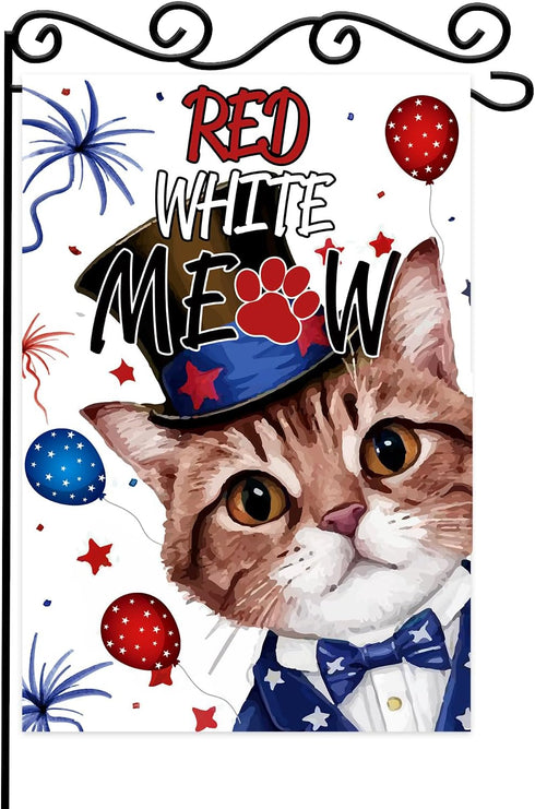 Red White Meow Garden Flag,4th of July Cat Welcome Door Sign,Welcome Patriotic Memorial Day Independence Day.Double Sided 12.5x18 Inch...