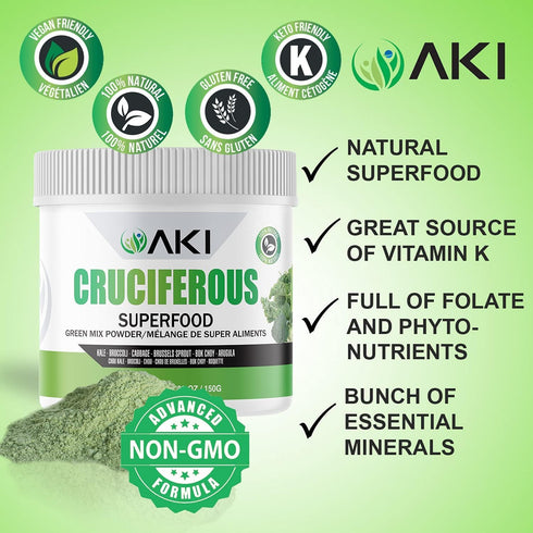 AKI Cruciferous Superfood Green Mix Powder - Made from Kale, Broccoli, Brussels Sprouts, Cabbage - Packed with Essential Phytonutrients & Vitamins...