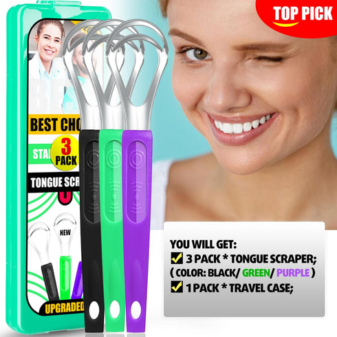 3 Pack Metal Tongue Scrapers for Kids Adults, Stainless Steel Tongue Cleaner Scrubber with Travel Case...