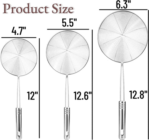 Spider Strainer Skimmer Spoon, HSpiow Set of 3 Sizes Frying Spoon Stainless Steel Fryer Scoop Wire Strainer Ladle with Long Handle for Kitchen Fry...