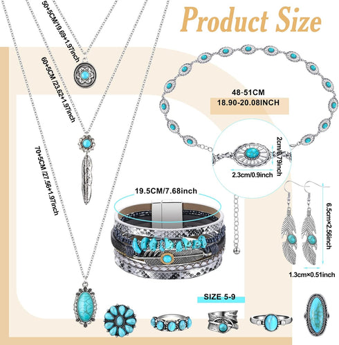 Geyoga 9 Pcs Bohemian Turquoise Jewelry Set Western Jewelry Turquoise Necklace, Vintage Dangle Earrings, Stacking Knuckle Rings, Waist Chain, West...