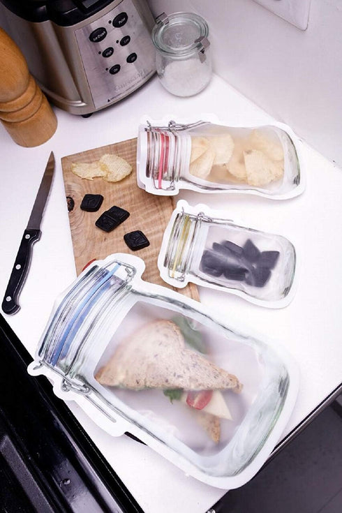 50Pcs Mason Jar Pattern Food Storage Bag Reusable Portable Stand Up Smell Proof Ziplock Bags Snack Saver Container Retail Package Bag Frosted Pouc...