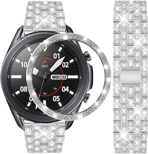 Bands Compatible with Samsung Galaxy Watch 3 (45mm), 22mm Full Rhinestone Diamond Stainless Metal Strap with Bezel Ring Cover Replacement for Wome...