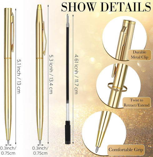 12 Pack Gold Pens Bulk Gold Metallic Pens Slim Ballpoint Pens Retractable Christmas Ballpoint Pen with Black Ink Metal Pens Mini Conical Pens for ...