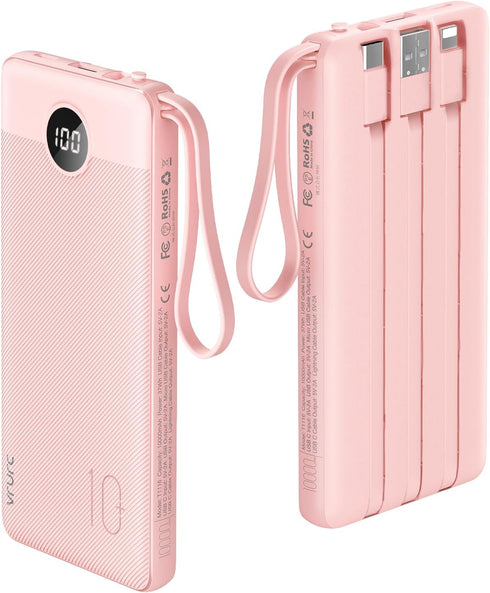 VRURC Portable Charger 10000mAh, Slim LED Display Power Bank, 5 Output 2 Input Cell Phone Battery Pack, Built-in Micro & USB C Cables Phone Charge...