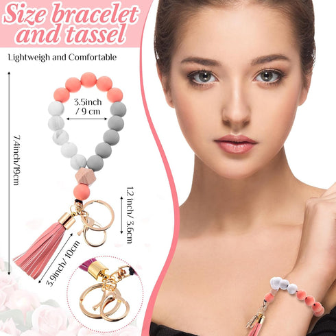 Tondiamo 6 Pcs Silicone Wristlet Keychain for Women Cute Car Key Ring Bracelet Beaded Bangle Chains with Leather Tassel...