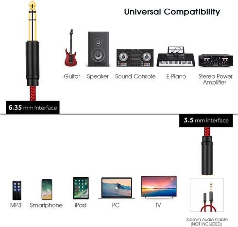 6.35 Male to Female 3.5 Headphones Adapter 6Ft,TRS 1/4 to 3.5mm Stereo Cord 6.35mm 1/4 Male to 3.5mm 1/8 Female for Amplifiers, Guitar Amp, Piano,...