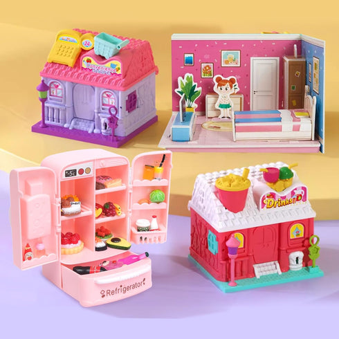 Dollhouse Mini Toy Fridge Green Table Dining with Mini Food Play Refrigerator for Kids Kitchen Furniture Fruits Vegetable Drink Milk Desserts for ...