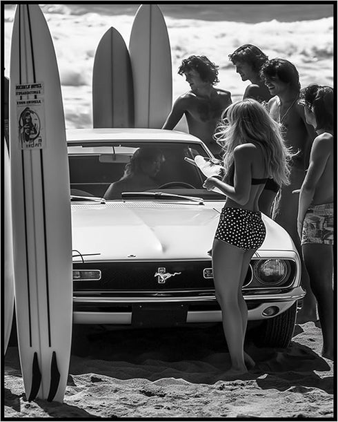 Posterizer 1 pcs-black and white photo of retro beach and surfers-Photography Art-Retro Art-Decor for Home & Office- unframed wall art...