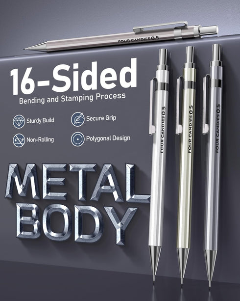Four Candies 0.5mm Mechanical Pencil Set with Case - 4PCS Metal Mechanical Pencils, 8 Tubes HB #2 Lead Refills, 3PCS 4B Erasers and 9PCS Eraser Re...