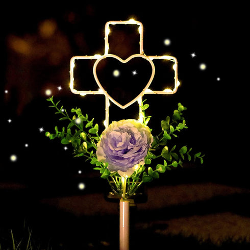 16 Inch Solar Cross Garden Stake Lights with 1 Artificial Flower Metal Garden Art for Patio Lawn Garden Decor Solar Outdoor love Sign for Gravesit...