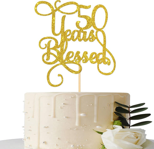 Gold Glitter 50 Years Blessed Cake Topper - for 50th Wedding Anniversary / 50th Anniversary Party / 50th Birthday Party Decorations...