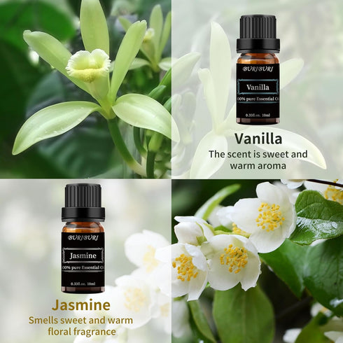 BURIBURI Vanilla Oil Jasmine, Vetiver and Eucalyptus Essential Oil Set, 100% Pure 4Pcs Essential Oils Gift Set for Diffusers...