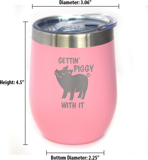 Bevvee Gettin Piggy - Wine Tumbler Glass with Sliding Lid - Stainless Steel Insulated Mug - Cute Pig Decor Gifts - Pink...