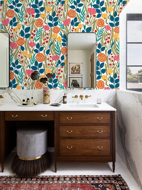 HAOKHOME 93386-4 Peel and Stick Wallpaper Floral Removable Stick on Contact Paper for Bathroom White/Orange/Green 17.7in x 9.8ft...