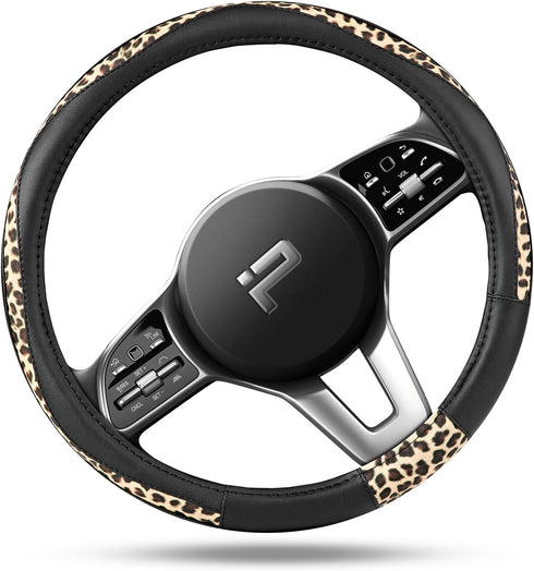 Steering Wheel Cover - Made with PVC Leather and Leopard Fabric - Universal 14 1/2 inches to 15 inches for Most Automotive Steering Wheel (Leopard...