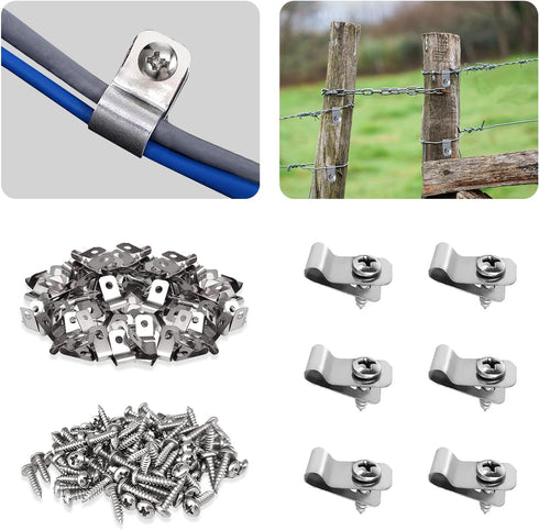 50 Pcs Fence Wire Clamps Agricultural Fencing Mount Clips with 50 Pcs Stainless Steel Screws, Cord Clamp for 12-16 Gauge Welded Wire to Wood,Chris...