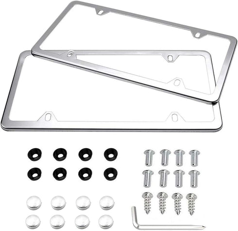 License Plate Frames, Indeed BUY 2 Pcs 4 Holes Slim Stainless Steel Polish Mirror License Plate Frame and Chrome Screw Caps...