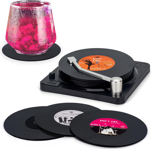 Valdivia Funny Retro Vinyl Record Coasters with Player, 6 Pcs Music Coasters for Drinks, Bars, Party, Birthday Gifts for Music Lovers, Home Decor ...