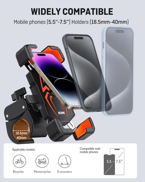 HENMI Bicycle Cell Phone Holder,Motorcycle Phone Mount,One Hand Operation Bicycle Handlebar Cell Phone Holder, 360° Rotatable Cell Phone Holder fo...