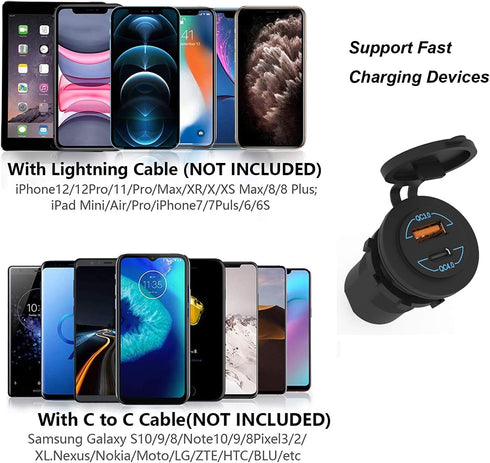 12V USB Outlet - 90W(Max) Dual Ports QC4.0 PD & Quick Charge3.0 Car Charger Socket with LED Indicator - Waterproof USB C Port for Car Boat Marine ...