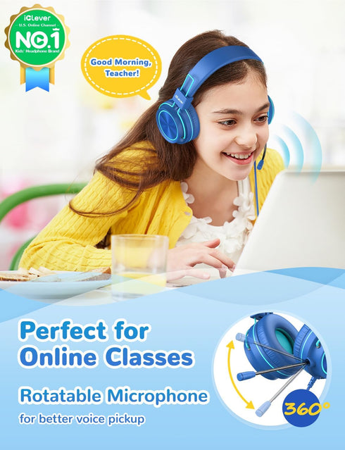 iClever HS21 Kids Headphones with Microphone for Virtual School- Rotatable Extendable Mic - 94 dB Volume-Safe Headphones for Kids, Wired Foldable ...