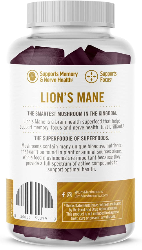 Om Mushroom Superfood | Lion's Mane Gummies | USA Grown Organic Mushrooms |Memory, Focus, Clarity, Nerve Health & Mood Support | 60 Count, 30 Serv...