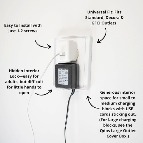 Qdos Safety Medium Outlet Cover Box for Baby Proofing Outlets| Secure Hidden Lock | Generous Interior for Medium Sized Charging Blocks & Adapters ...
