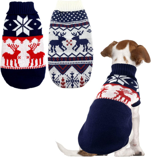 Vehomy 2Pcs Pet Puppy Christmas Sweaters Cat Sweater Kitten Knitwear Dog Xmas Clothes Navy Blue and Christmas White Sweaters with Reindeers Snowfl...
