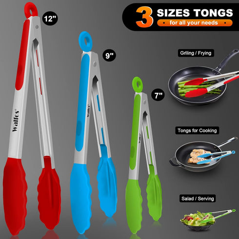 Walfos Silicone Tongs for Cooking - Heat Resistant kitchen tongs for Salad,Cooking, Grilling,Stainless Steel and BPA Free Silicone Tips set of 3 (...