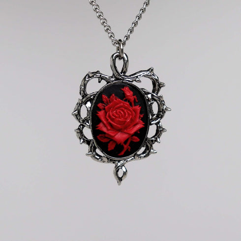 Gothic Red Rose Cameo In Thorns Pendant Necklace...