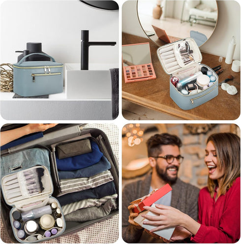 Wandering Nature Makeup Bag, Travel Make Up Organizer Cosmetic Brush Bags Case for Women in Eco Vegan Leather, Grayish Blue(Patent Pending)...