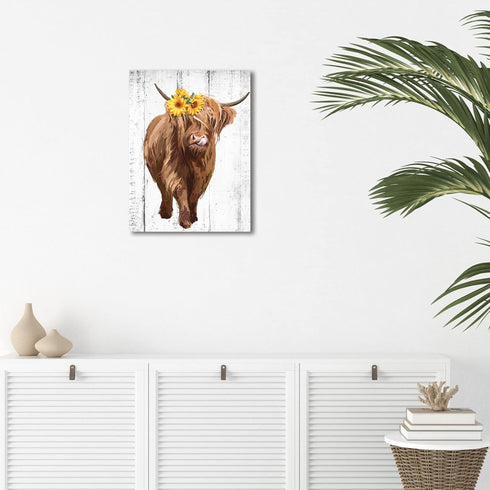 Sunflower Highland Cow Wall Art: Funny Farm Animal Canvas Picture Painting, Rustic Farmhouse Artwork Decor Bathroom Decoration, Cute Brown Cattle ...