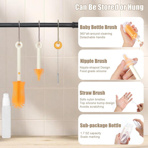 baby bottle brush 7in1 travel bottle cleaner kit with Bottle Brush,Nipple Brush,Straw Cleaner Brush,Soap Dispenser,Bottle Drying Rack,Drainage Tra...